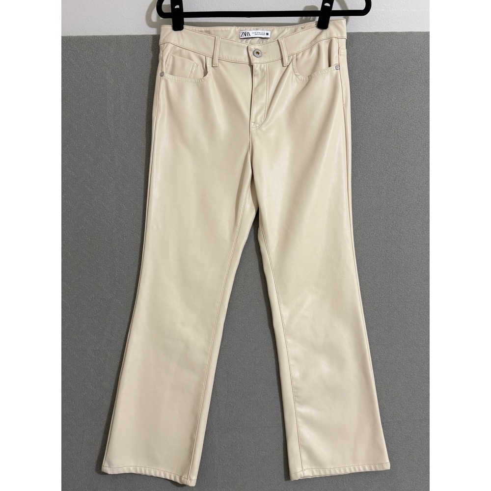 Zaraโ Womens Faux Leather Flare Pants Cream Beige High Rise Size 6 28x30 Bootcut
